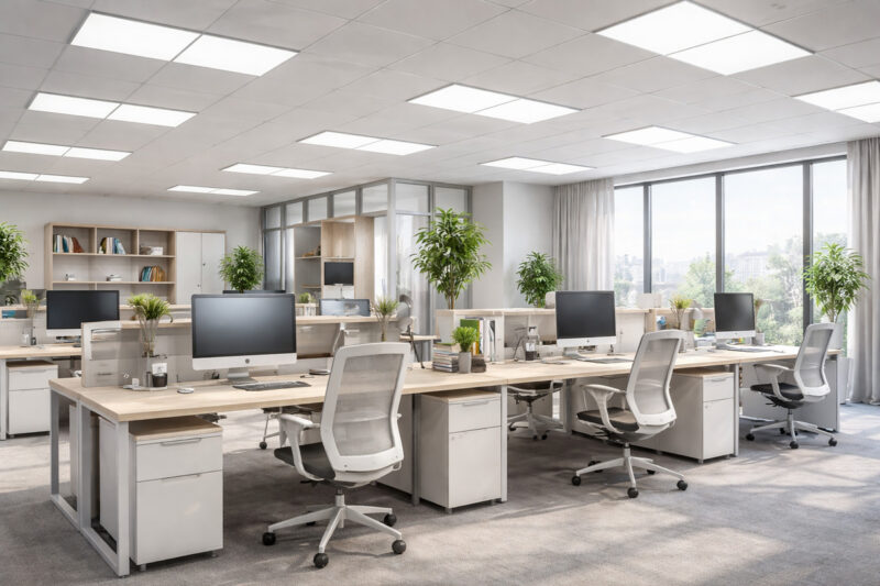 Moderna svetla kancelarija sa savremenim kancelarijskim nameštajem i LED panel osvetljenjem