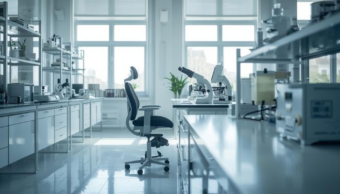 Ergonomska oprema u modernoj laboratoriji sa podesivom stolicom, radnim stolom i pravilno organizovanim instrumentima.