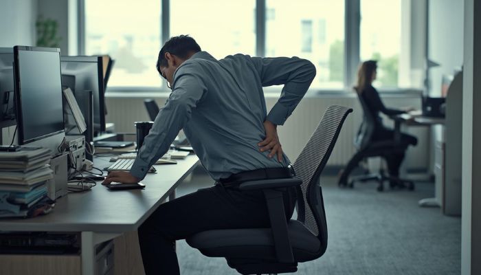 Zaposleni u kancelariji oseća bol u leđima dok sedi za radnim stolom sa neergonomskom opremom.