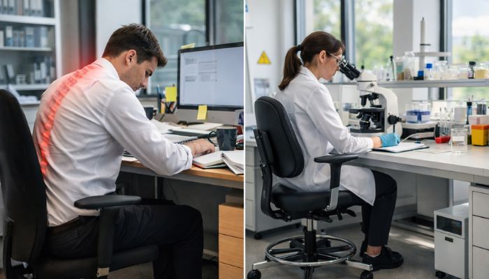 Radni prostor sa neadekvatnom i ergonomskom opremom poređenje uticaja opreme na držanje tela i bezbednost zaposlenih u kancelariji i laboratoriji.