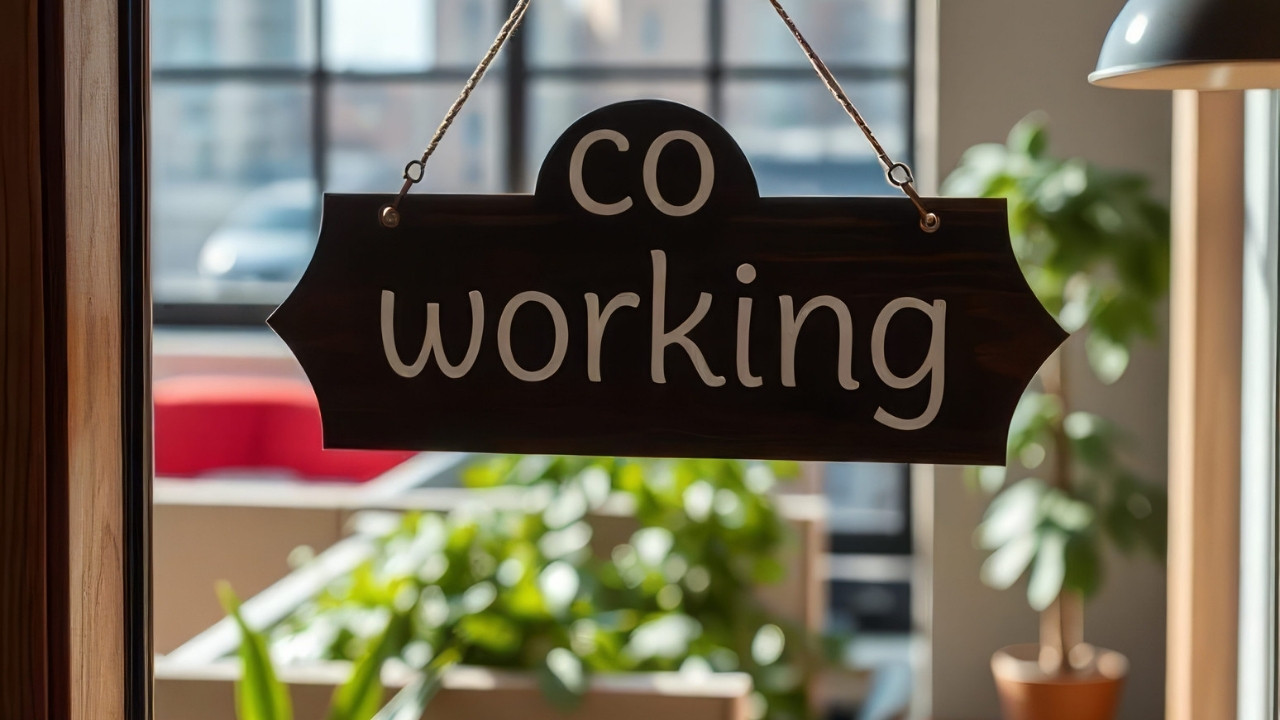 Drvena tabla sa natpisom „Coworking” na ulazu u zajednički radni prostor.